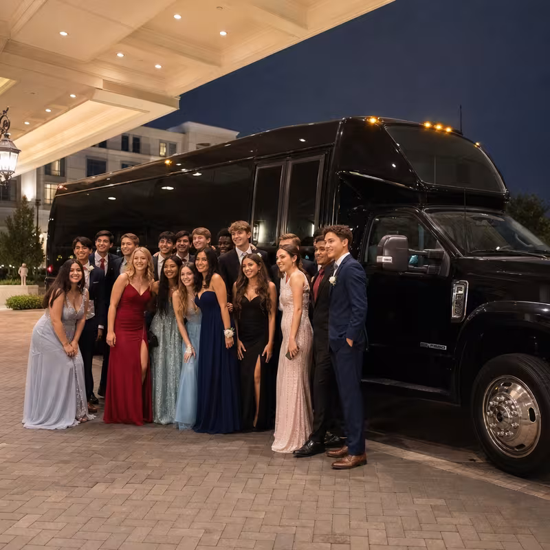 Party bus interior with wraparound leather seating and LED lighting in Oklahoma City