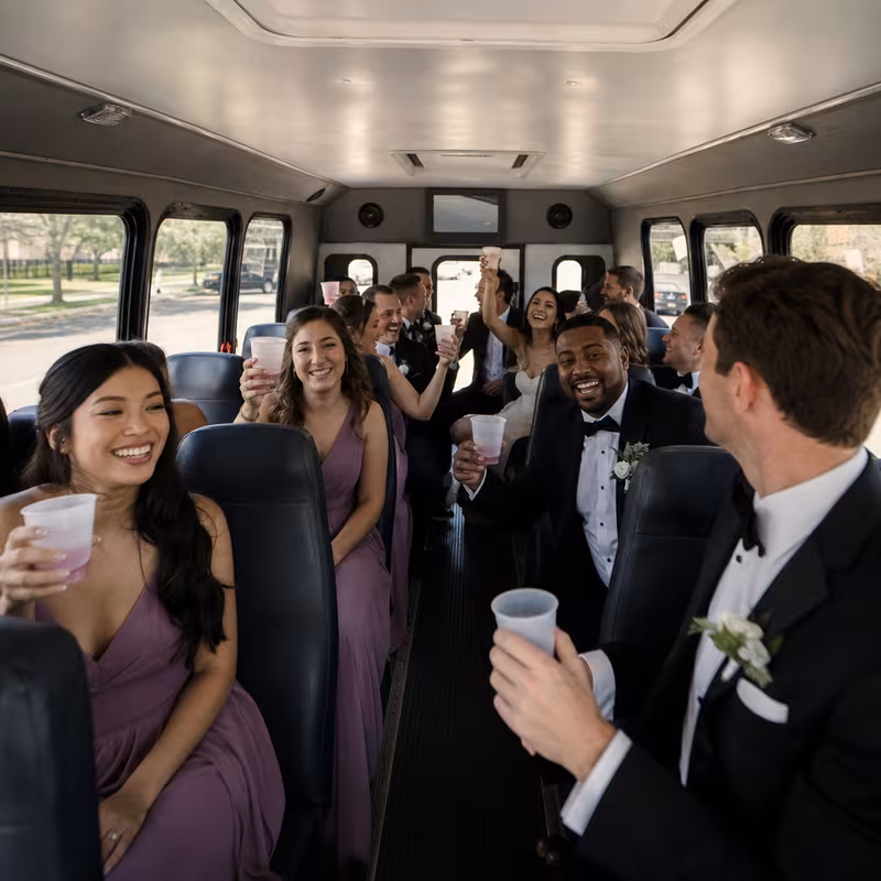 Group boarding a white charter bus for Wedding Transportation transportation in Oklahoma City
