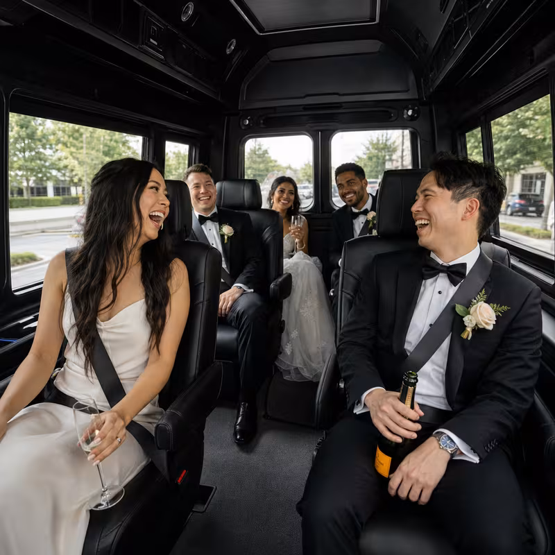 Black Mercedes Sprinter van staged for an Oklahoma City Wedding Transportation group